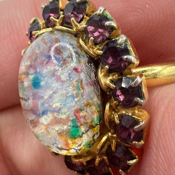 Vintage 1950s gold tone art glass cabochon rhinestones adjustable cocktail ring - Picture 8 of 8